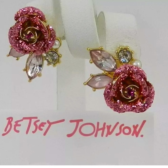 Betsey Johnson Jewelry - Betsey Johnson Gold Tone Glitter Roses Mismatched Earrings